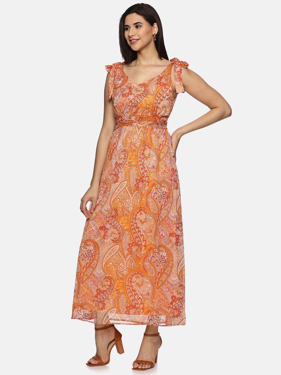 IS.U Floral Orange Tie-up Detailed Maxi Dress