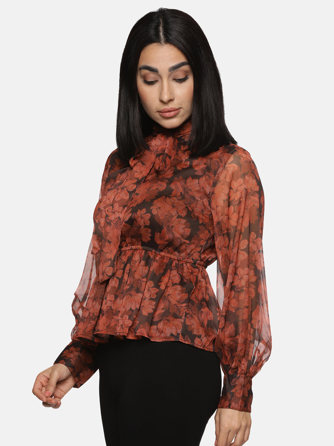 IS.U Floral Brown Front Tie Knot Peplum Top