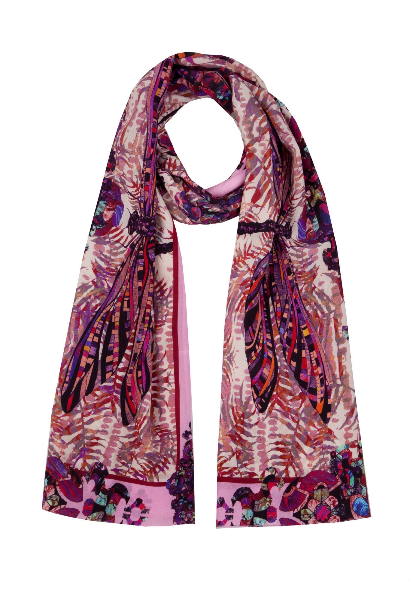 ROYAL PINK DRAGONFLY LONG SILK SCARF