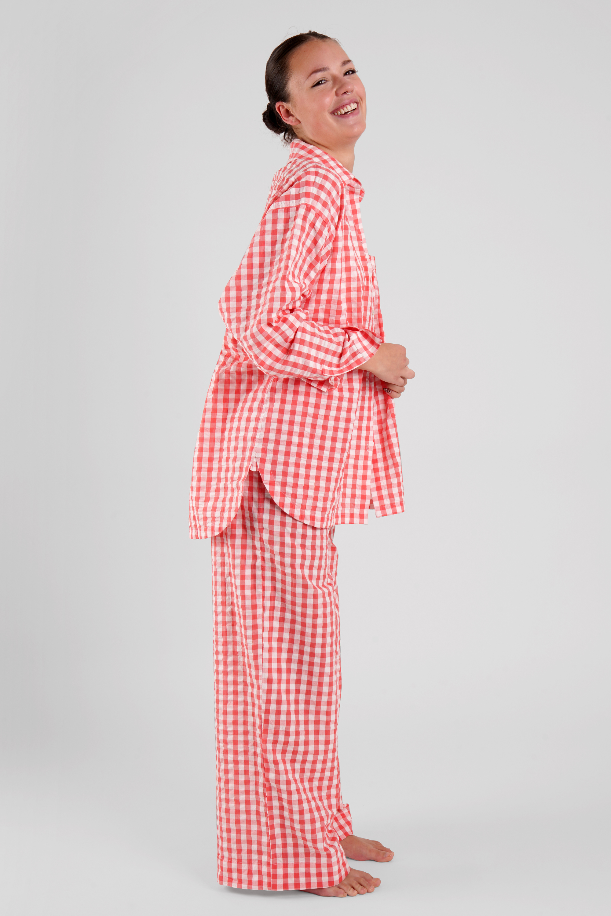 Robinia gingham check ethical-cotton pyjama trousers - Canyon Peach