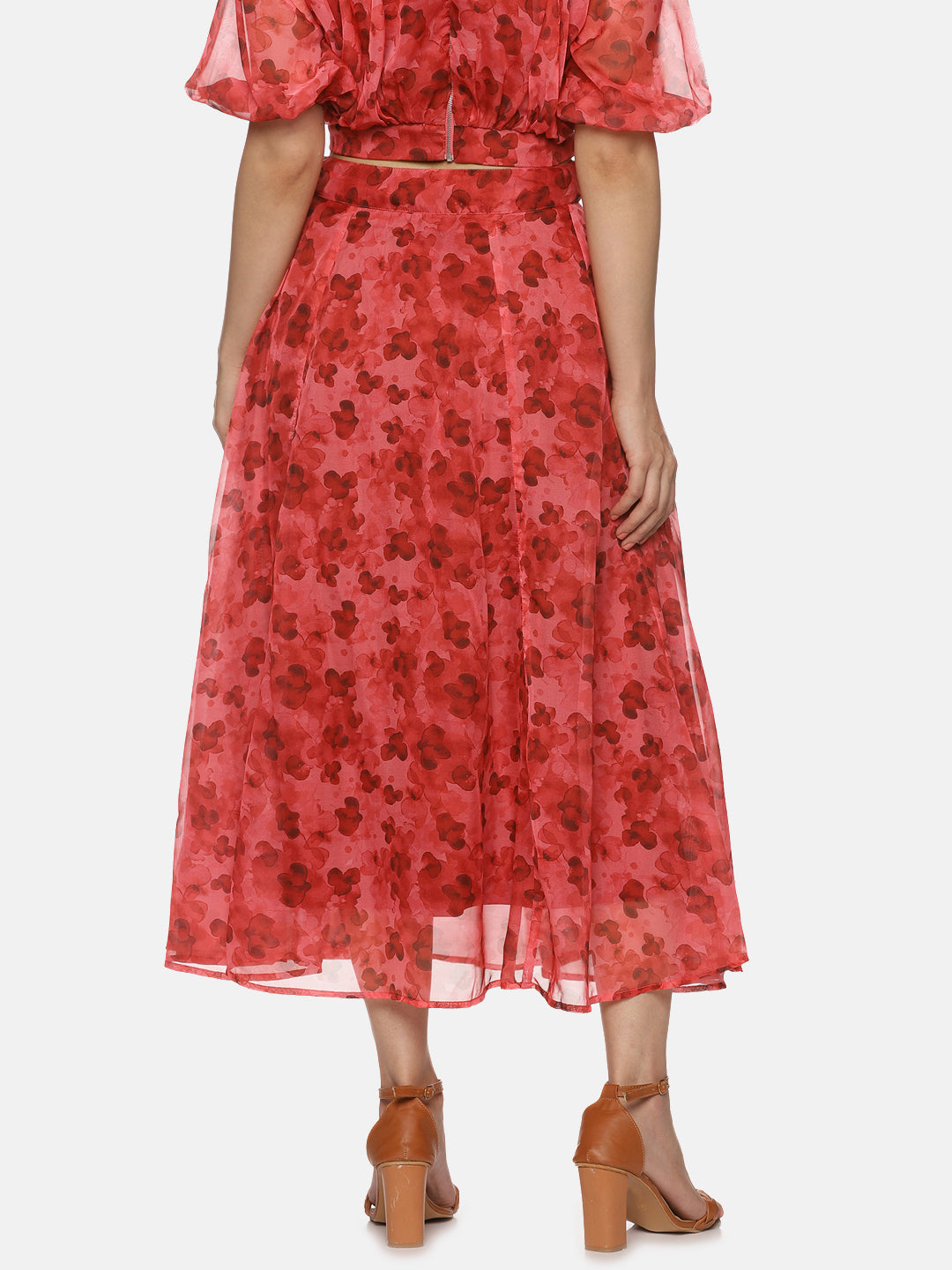 IS.U Floral Red Flared Midaxi Skirt