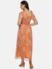 IS.U Floral Orange Tie-up Detailed Maxi Dress