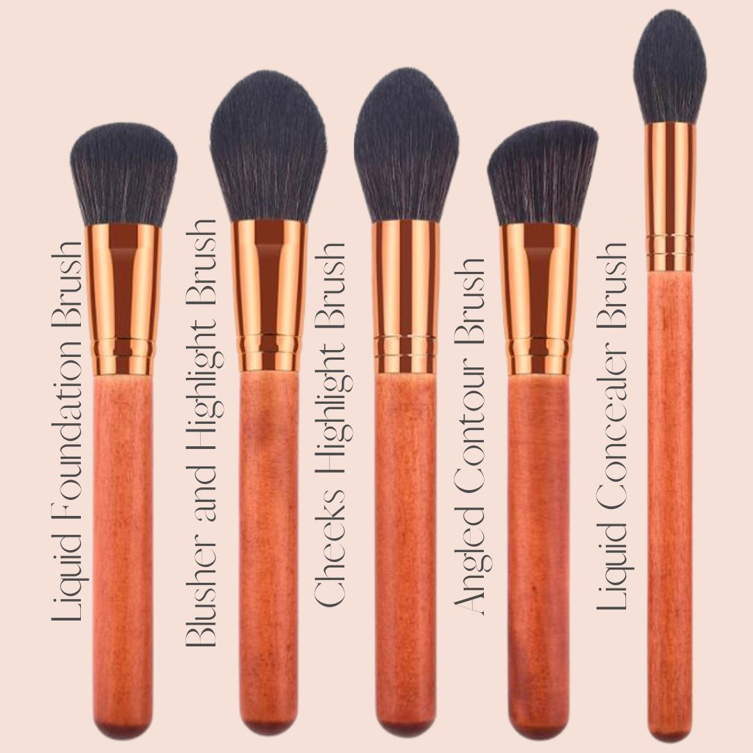 Vegan Makeup Brushes Face Set- Glamour. Sustainable Wood & Bronze