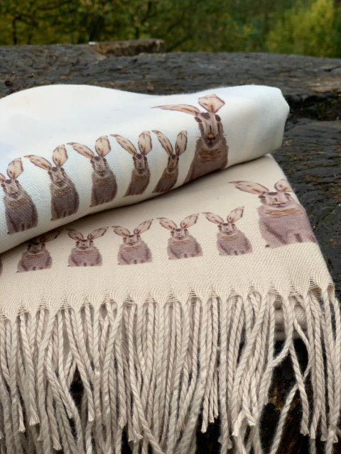 Cashmere Feel Luxury Scarf Handprinted With Hares