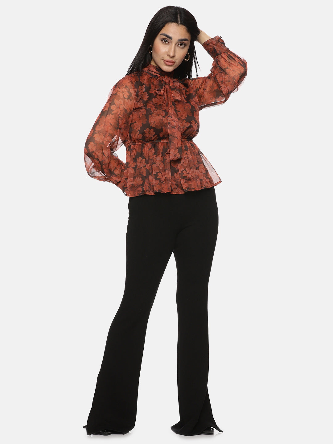 IS.U Floral Brown Front Tie Knot Peplum Top