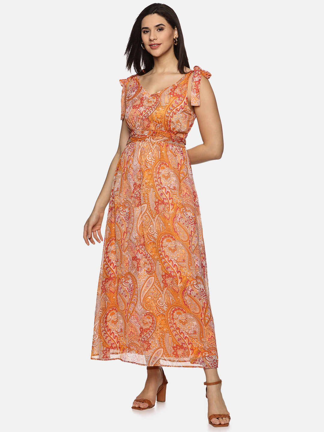 IS.U Floral Orange Tie-up Detailed Maxi Dress