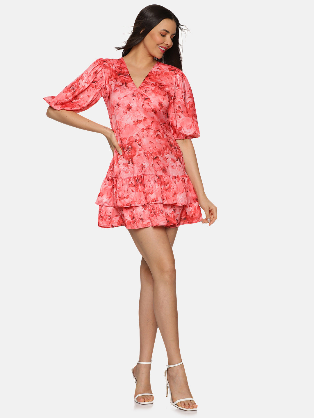 IS.U Floral Coral Two Tiered Ruffle Mini Dress