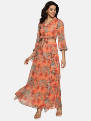 IS.U Floral Orange Flare Detail Maxi Skirt