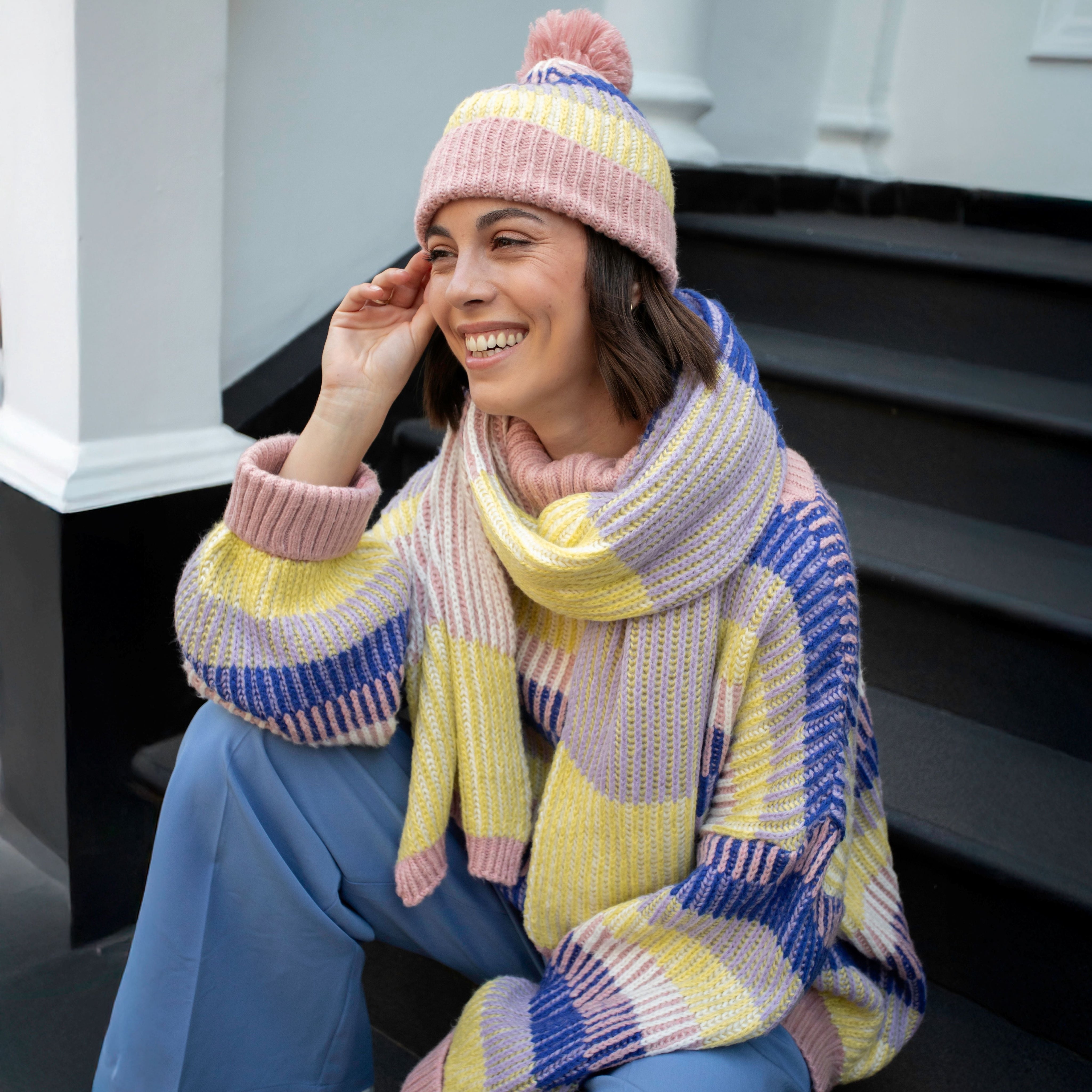 Tasha Oversized Balloon Sleeve Stripe Roll Neck Jumper - Pink