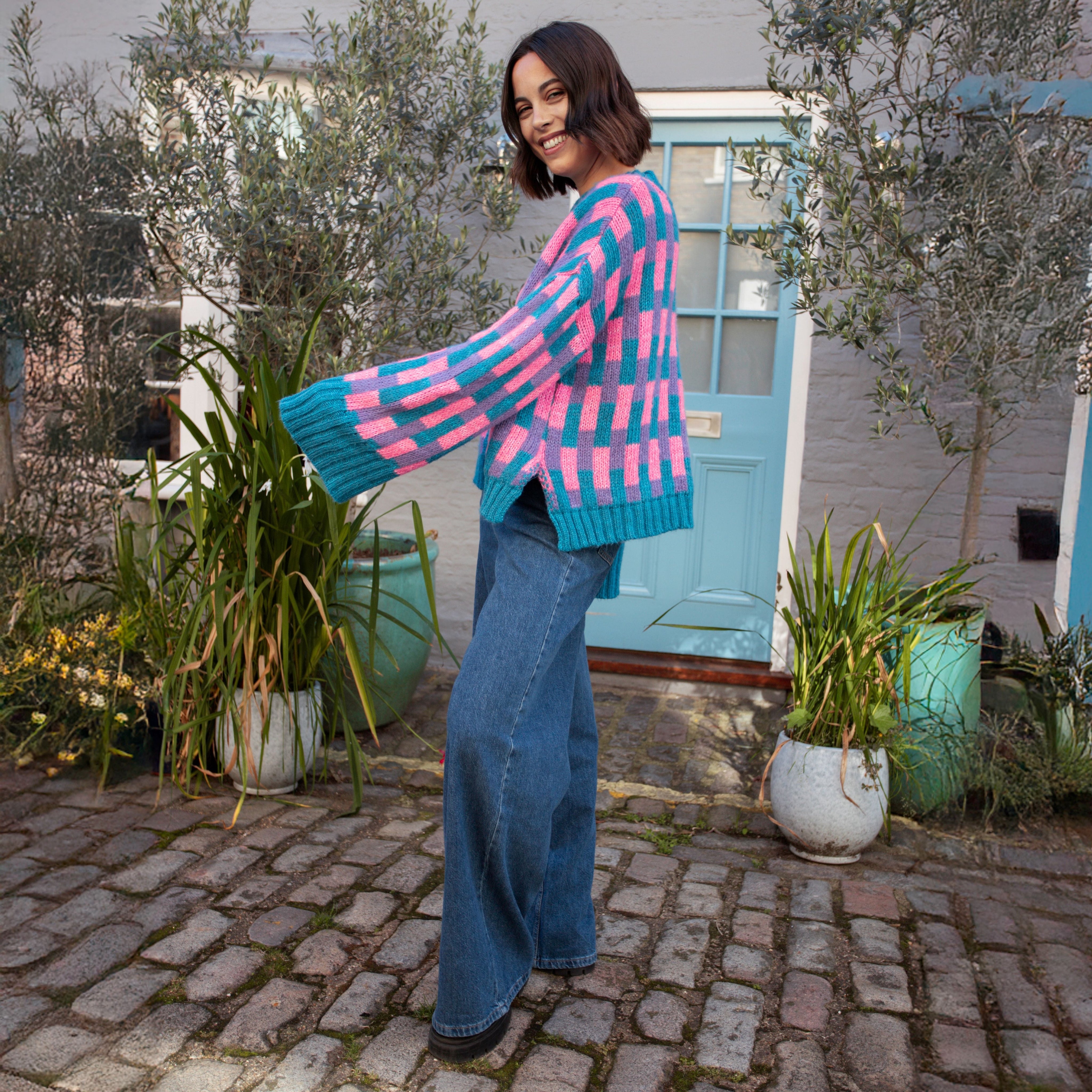 Charlotte Geometric Pattern Wide Sleeve Knit Jumper - Teal