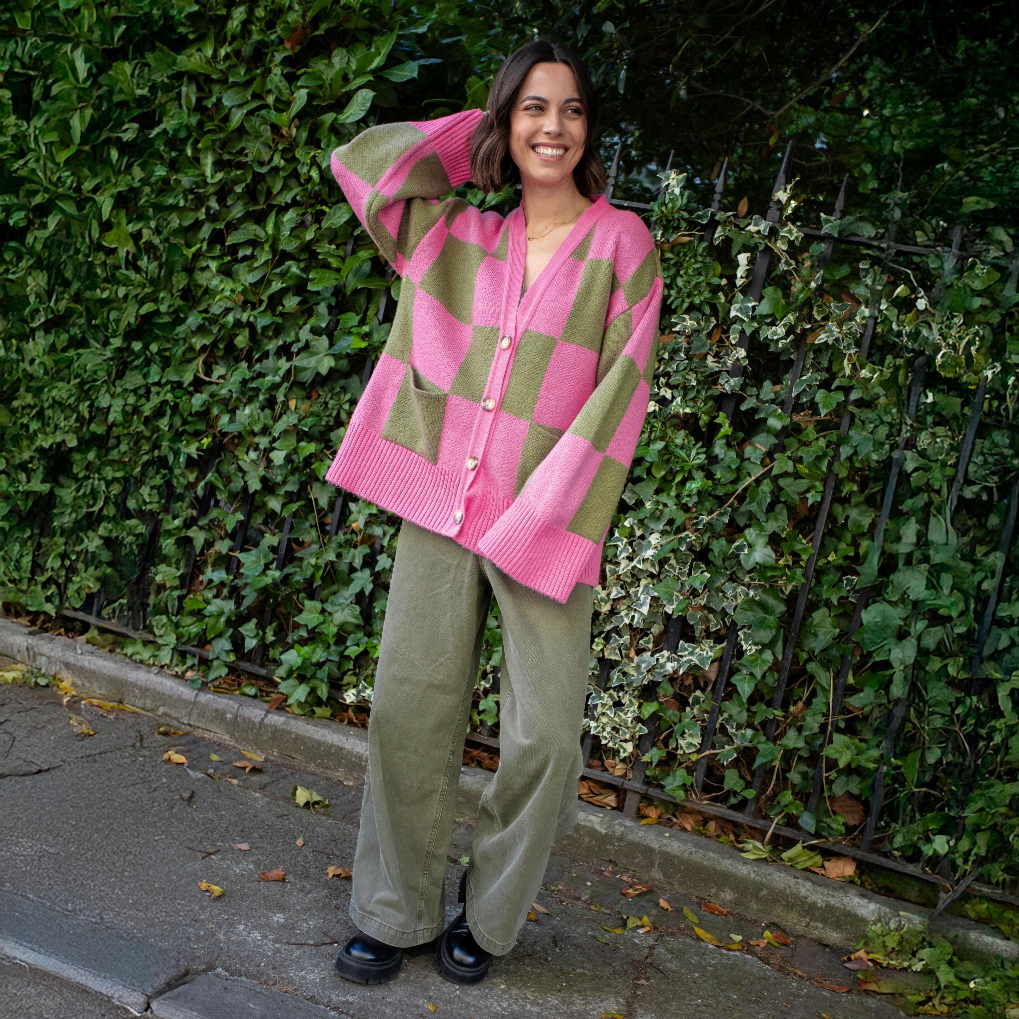 Candice Wide Sleeve Checked Button Cardigan - Pink & Green