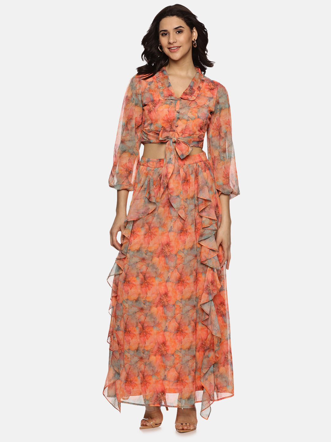 IS.U Floral Orange Flare Detail Maxi Skirt