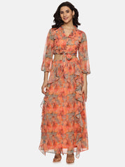 IS.U Floral Orange Flare Detail Maxi Skirt