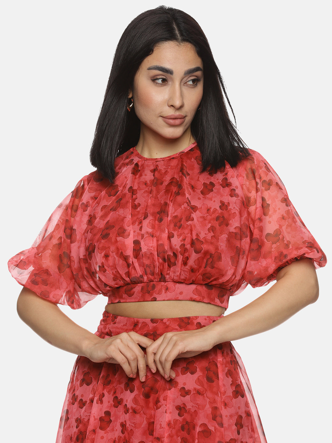 IS.U Floral Red Puffed Crop Top