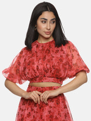 IS.U Floral Red Puffed Crop Top