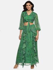 IS.U Floral Green Flare Detail Maxi Skirt