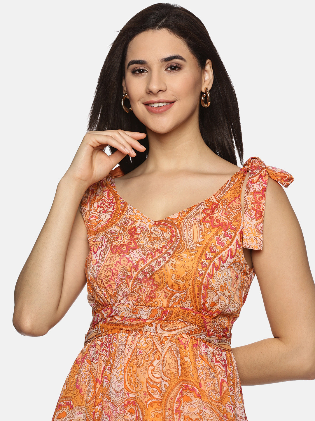 IS.U Floral Orange Tie-up Detailed Maxi Dress