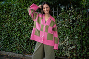 Candice Wide Sleeve Checked Button Cardigan - Pink & Green