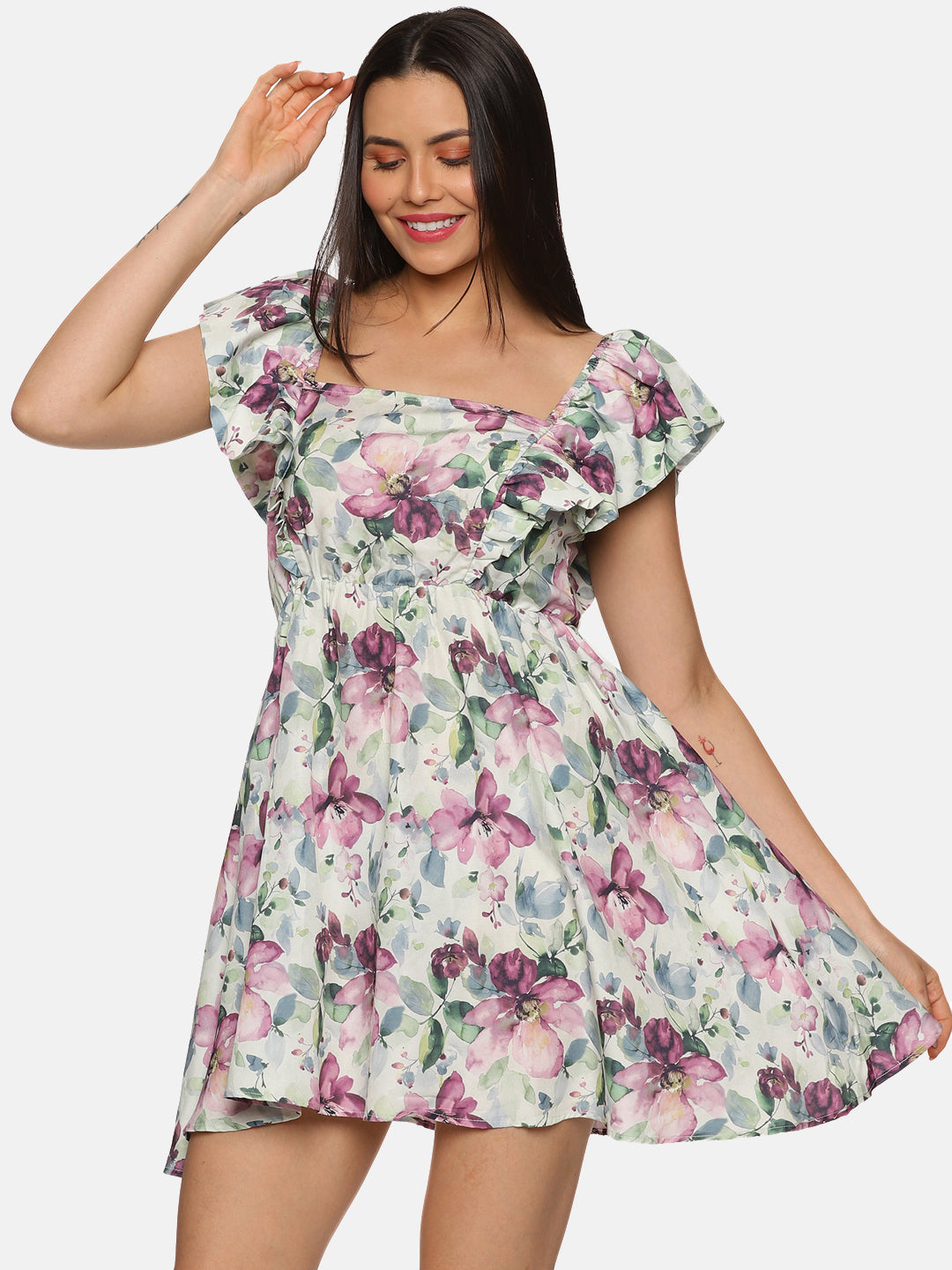 IS.U Floral Multicolor Back Tie-Up Mini Dress