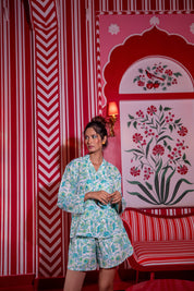 Hand Block Printed Cotton PJ Shorts Set - Apple Green