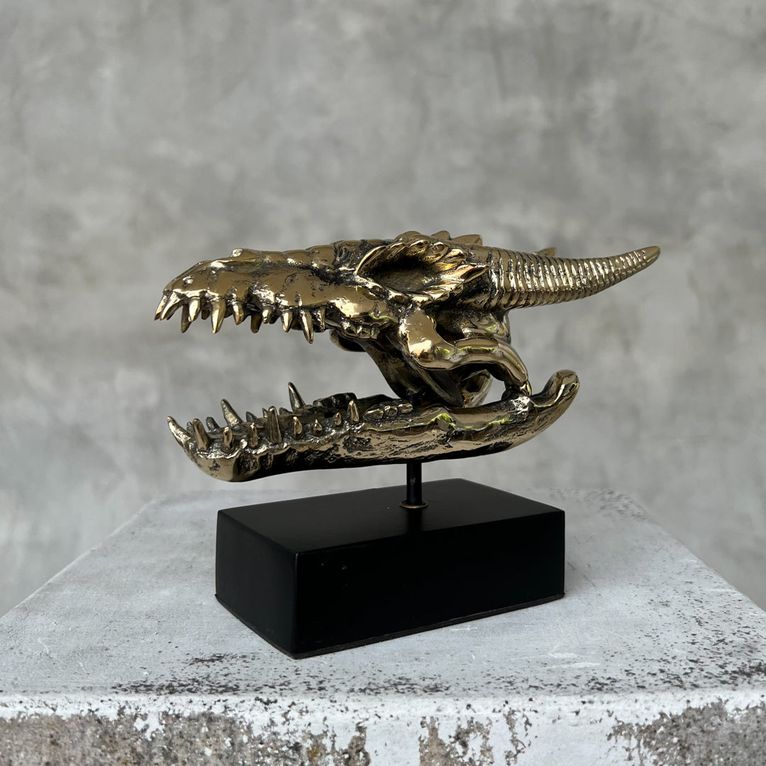 Polished Bronze Dragon Head Sculpture on Stand