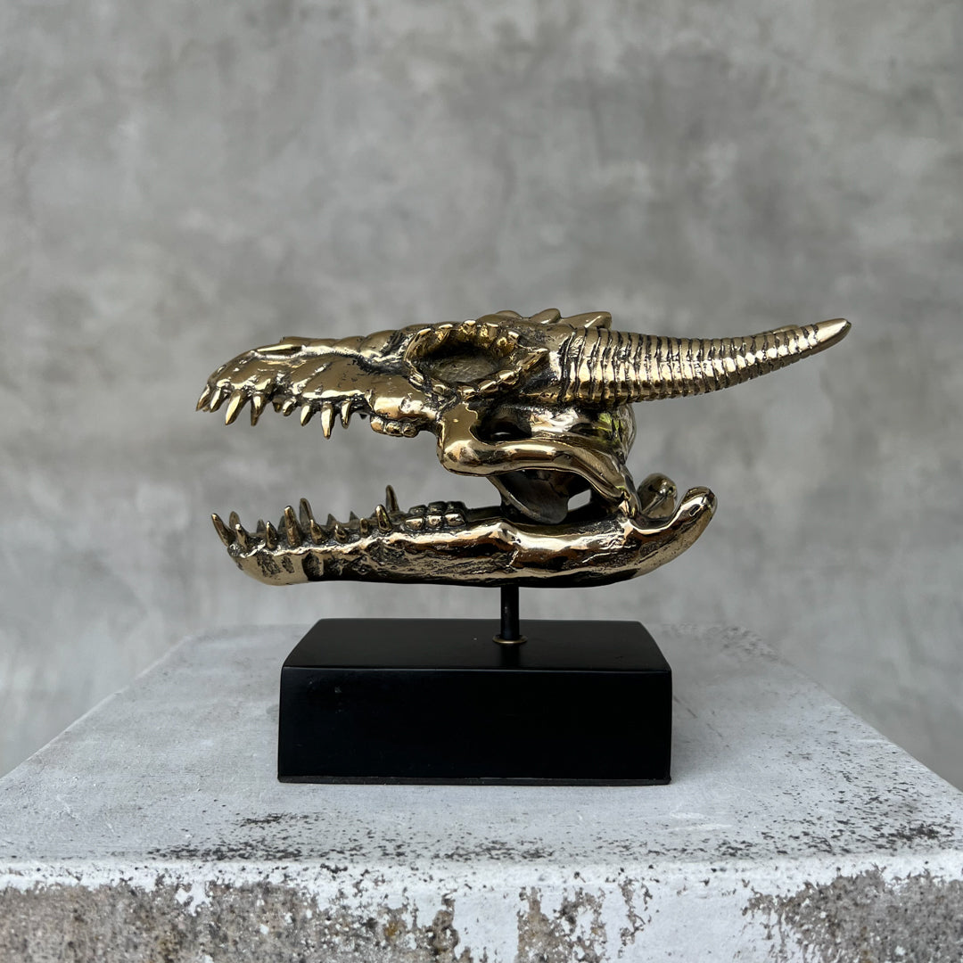 Polished Bronze Dragon Head Sculpture on Stand