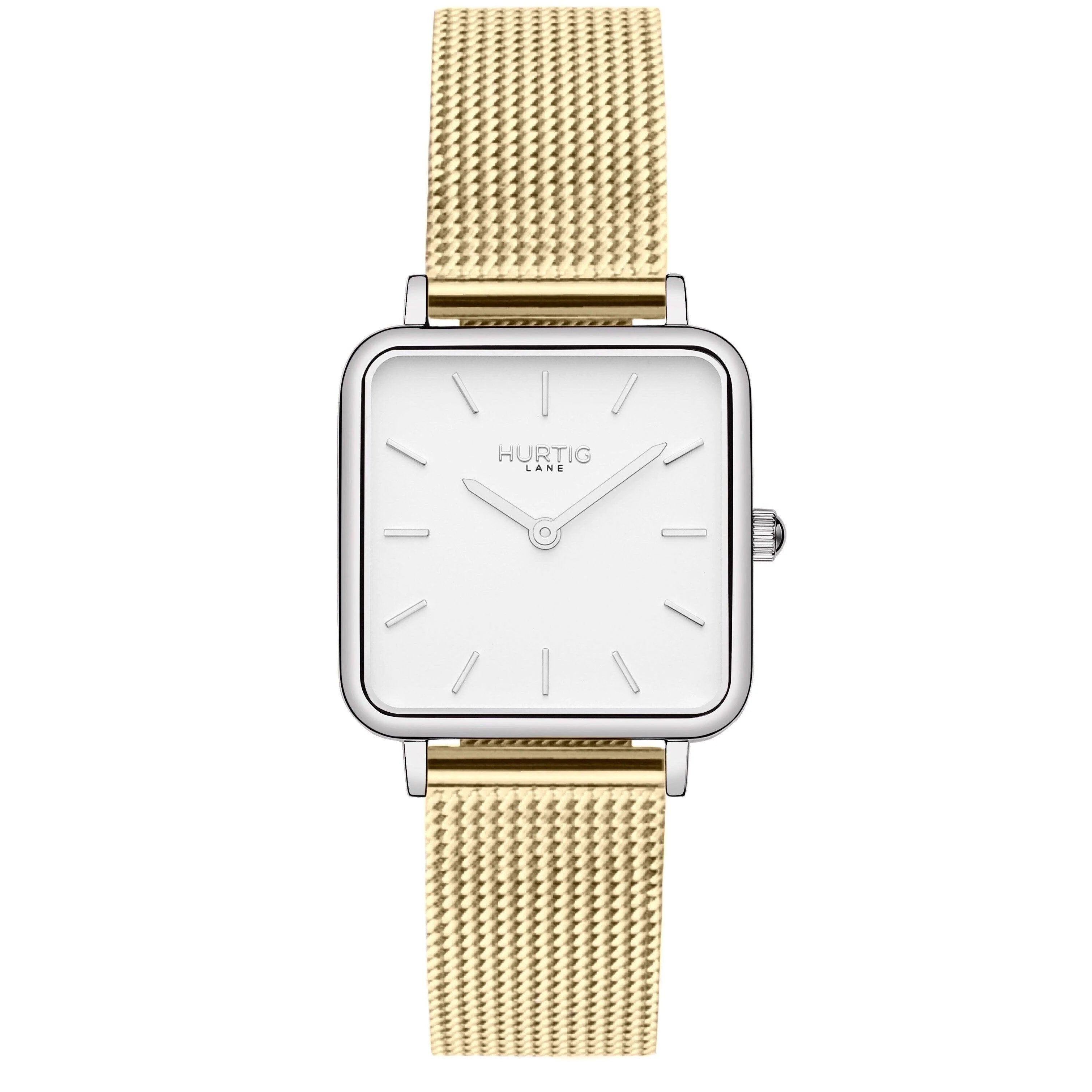 Neliö Square Stainless Steel Watch Silver, White & Gold