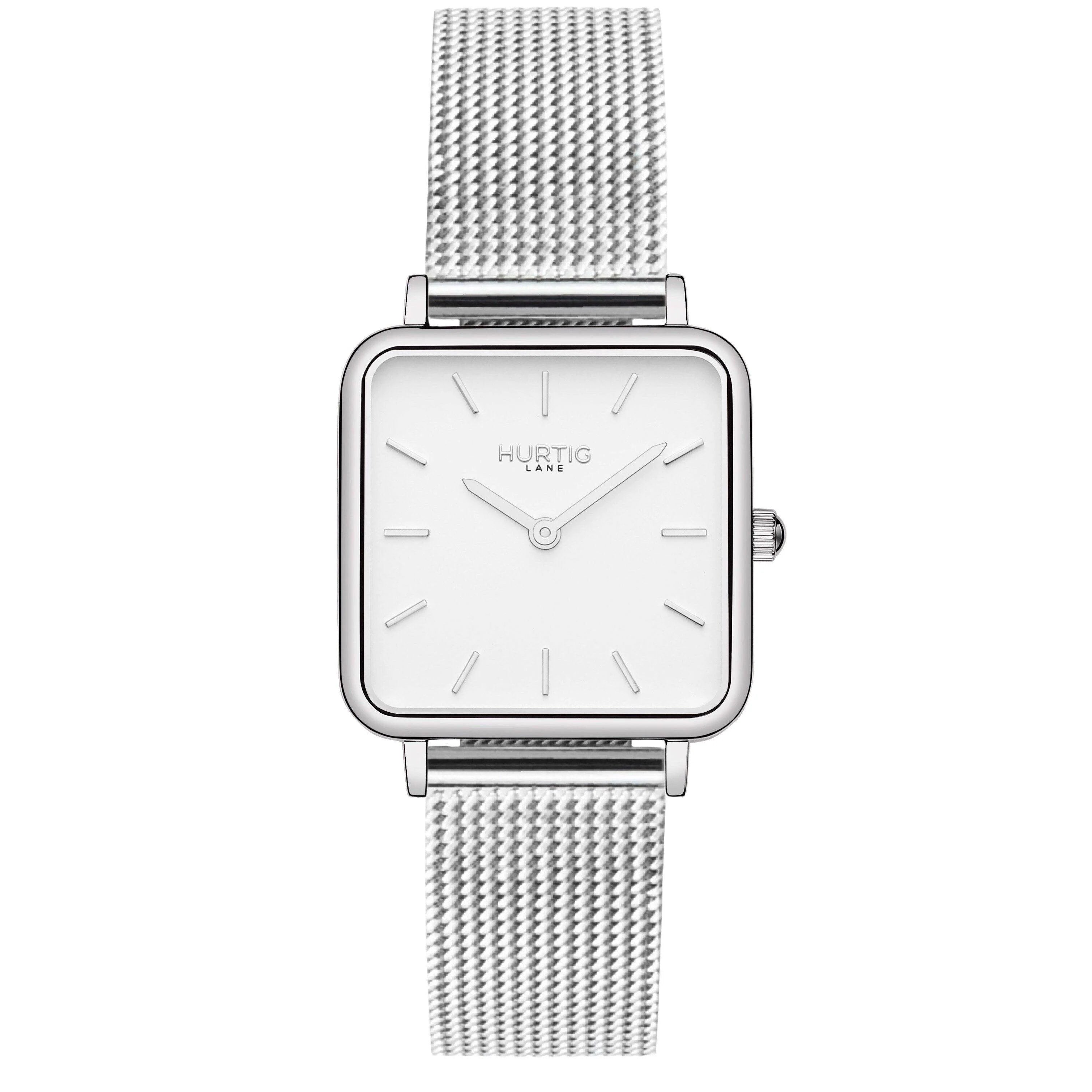 Neliö Square Stainless Steel Watch Silver, White & Silver