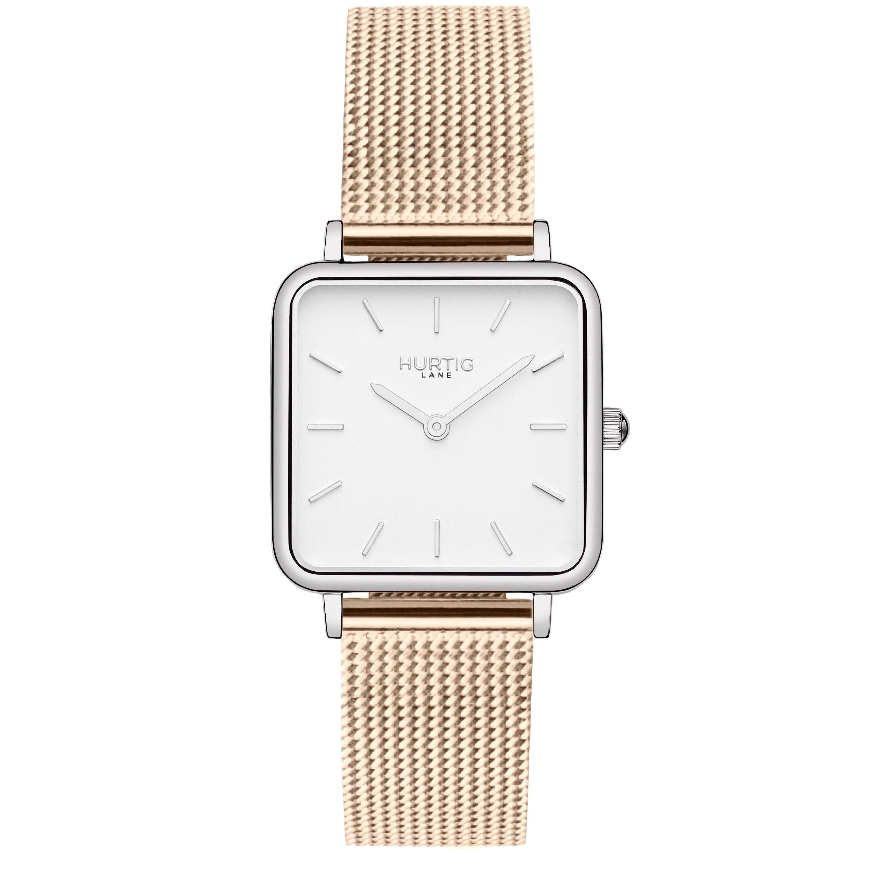 Neliö Square Stainless Steel Watch Silver, White & Rose Gold