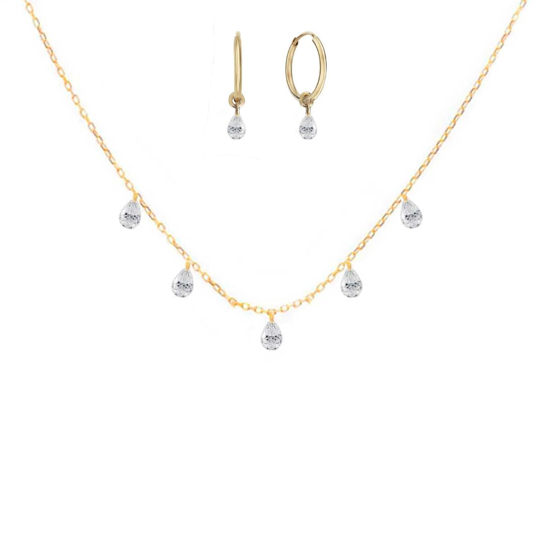 Rising Star Pear 5 Diamond Dangle Necklace with Hoop Earrings Gift Set