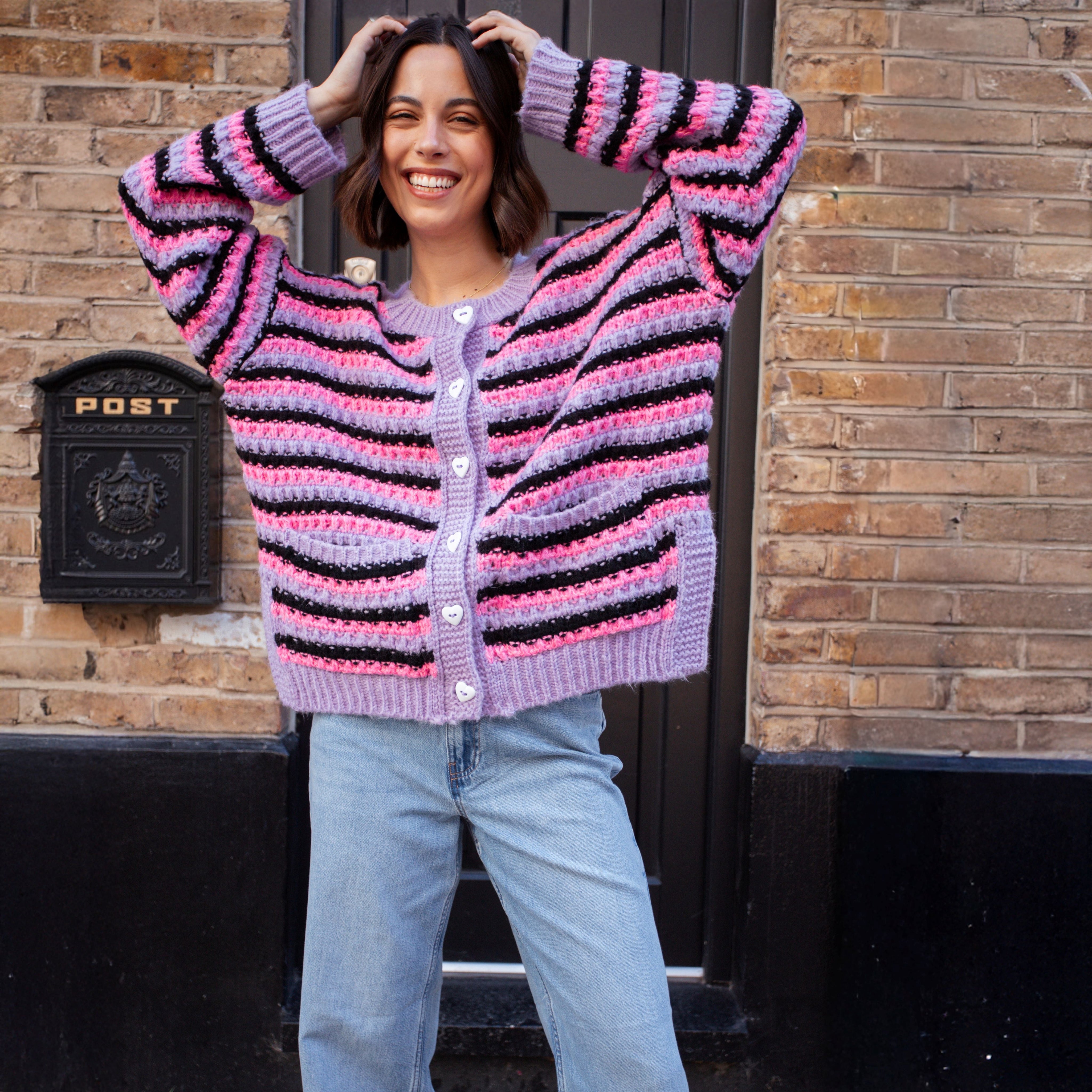 Bernice Stripe Cross Stitch Cardigan - Lilac