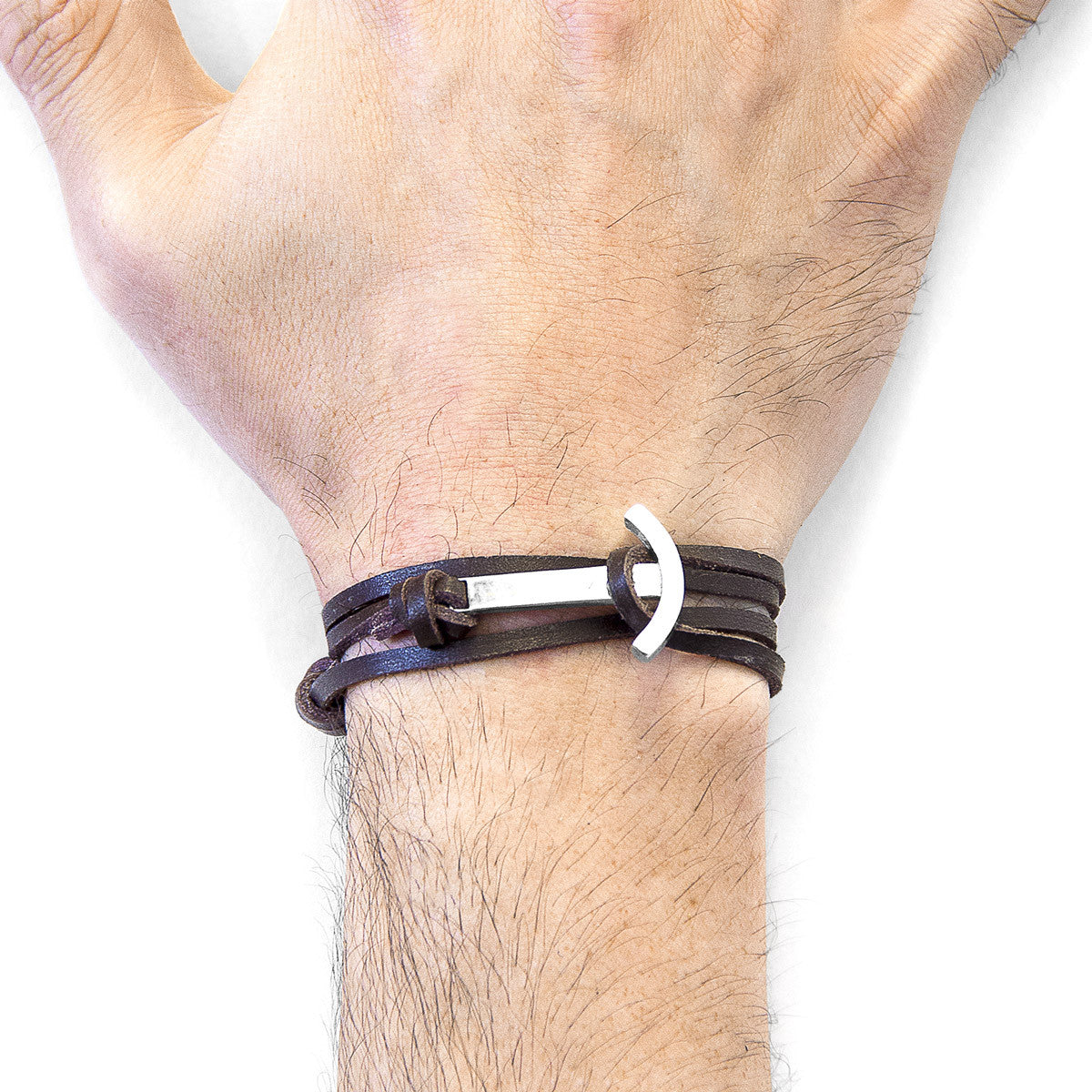 Dark Brown Clipper Anchor Silver and Flat Leather Bracelet