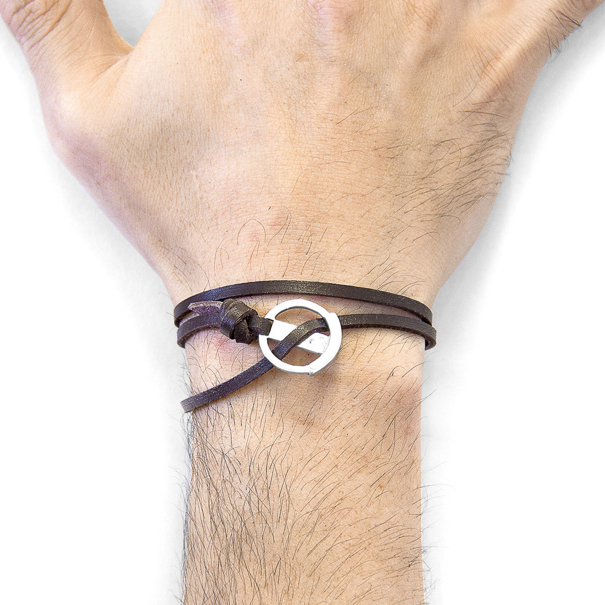 Dark Brown Ketch Anchor Silver and Flat Leather Bracelet