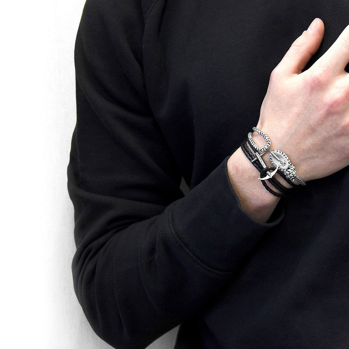 Coal Black Admiral Anchor Silver and Braided Leather Bracelet