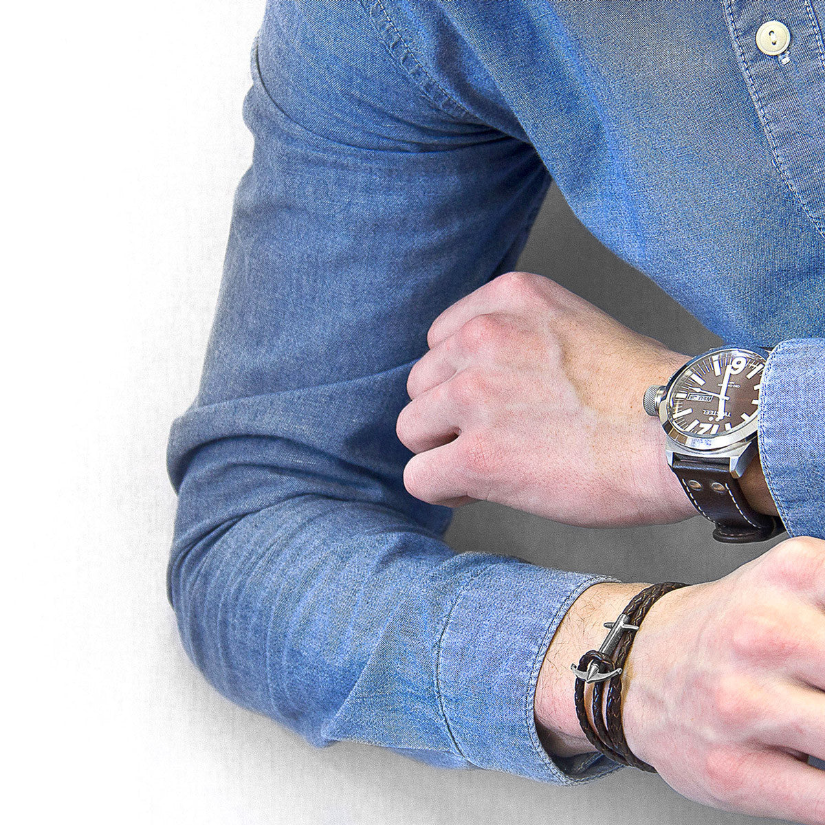 Dark Brown Admiral Anchor Silver and Braided Leather Bracelet