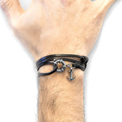 Coal Black Clyde Anchor Silver and Flat Leather Bracelet