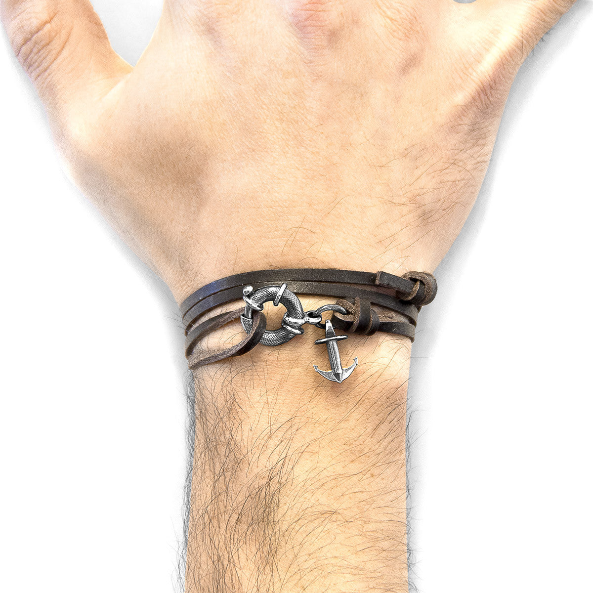 Dark Brown Clyde Anchor Silver and Flat Leather Bracelet