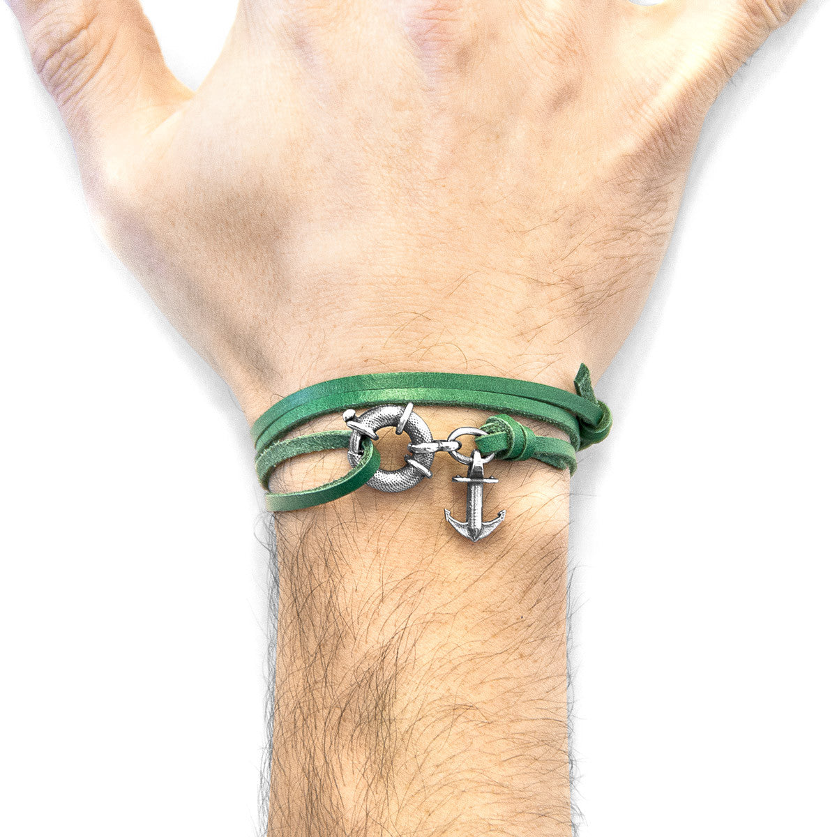 Fern Green Clyde Anchor Silver and Flat Leather Bracelet