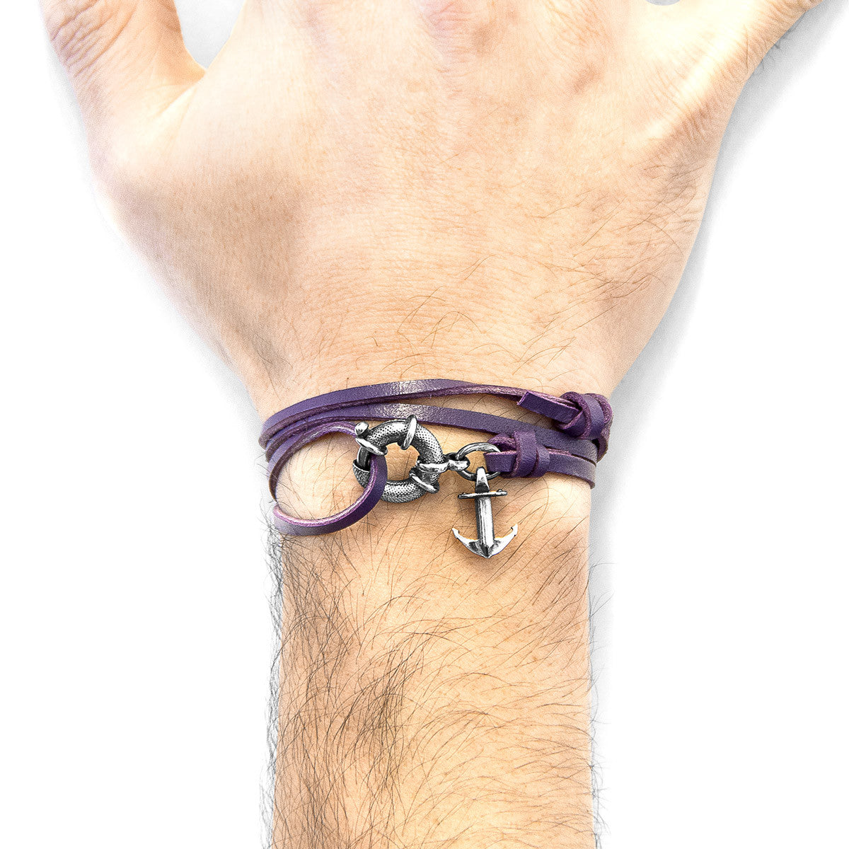 Grape Purple Clyde Anchor Silver and Flat Leather Bracelet