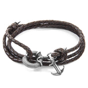 Dark Brown Clyde Anchor Silver and Braided Leather Bracelet