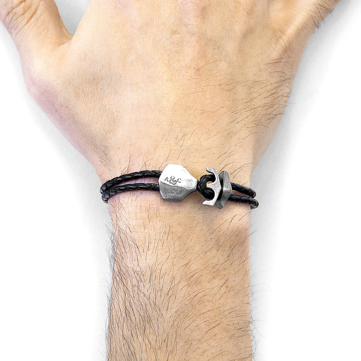 Coal Black Delta Anchor Silver and Braided Leather Bracelet