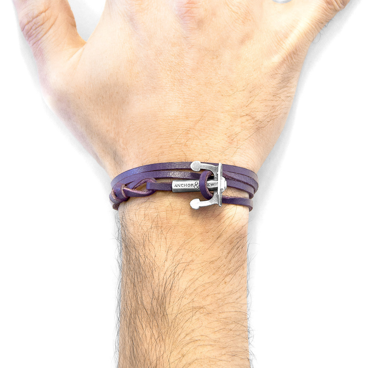 Grape Purple Union Anchor Silver and Flat Leather Bracelet