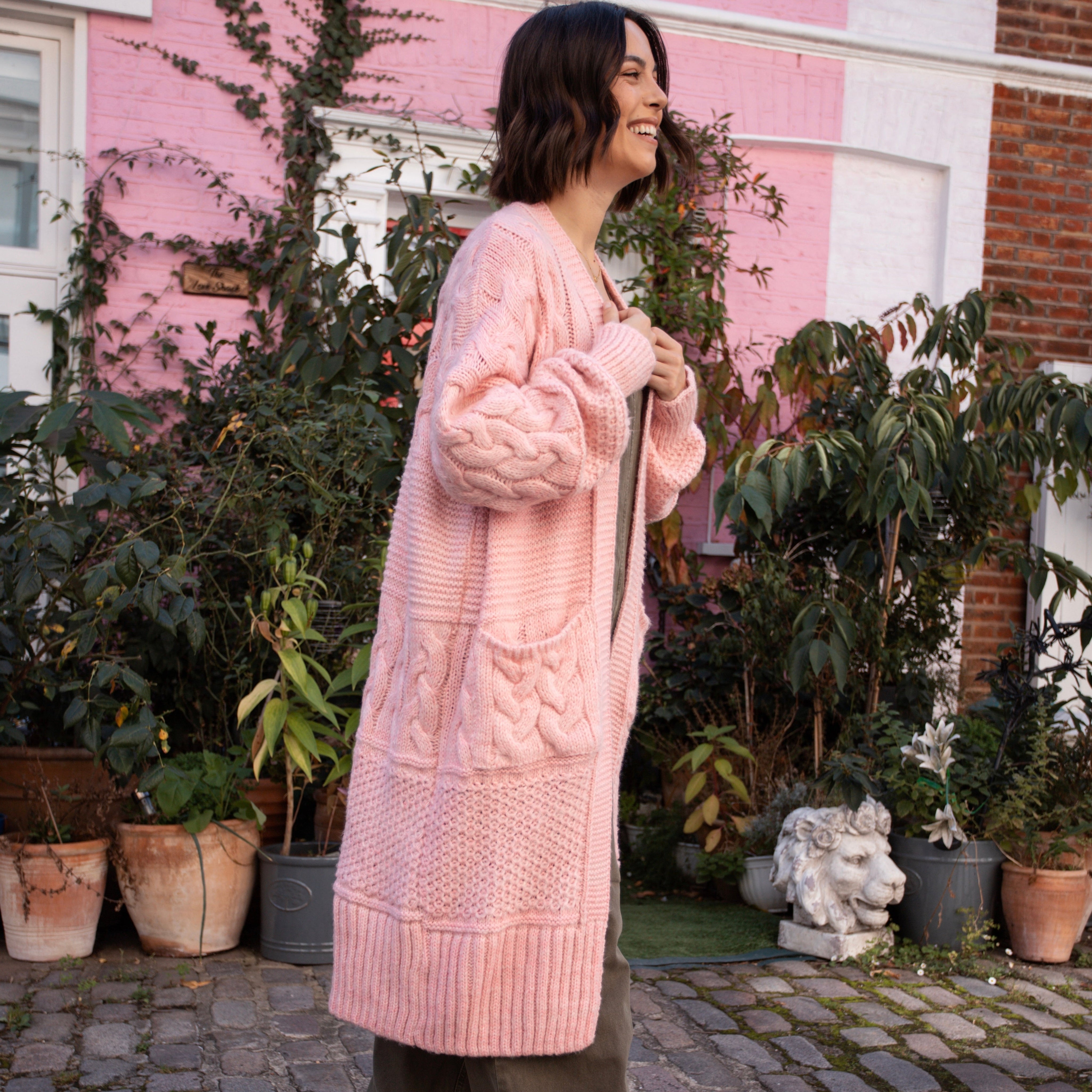 Alex Balloon Sleeve Cable Maxi Cardigan - Pink