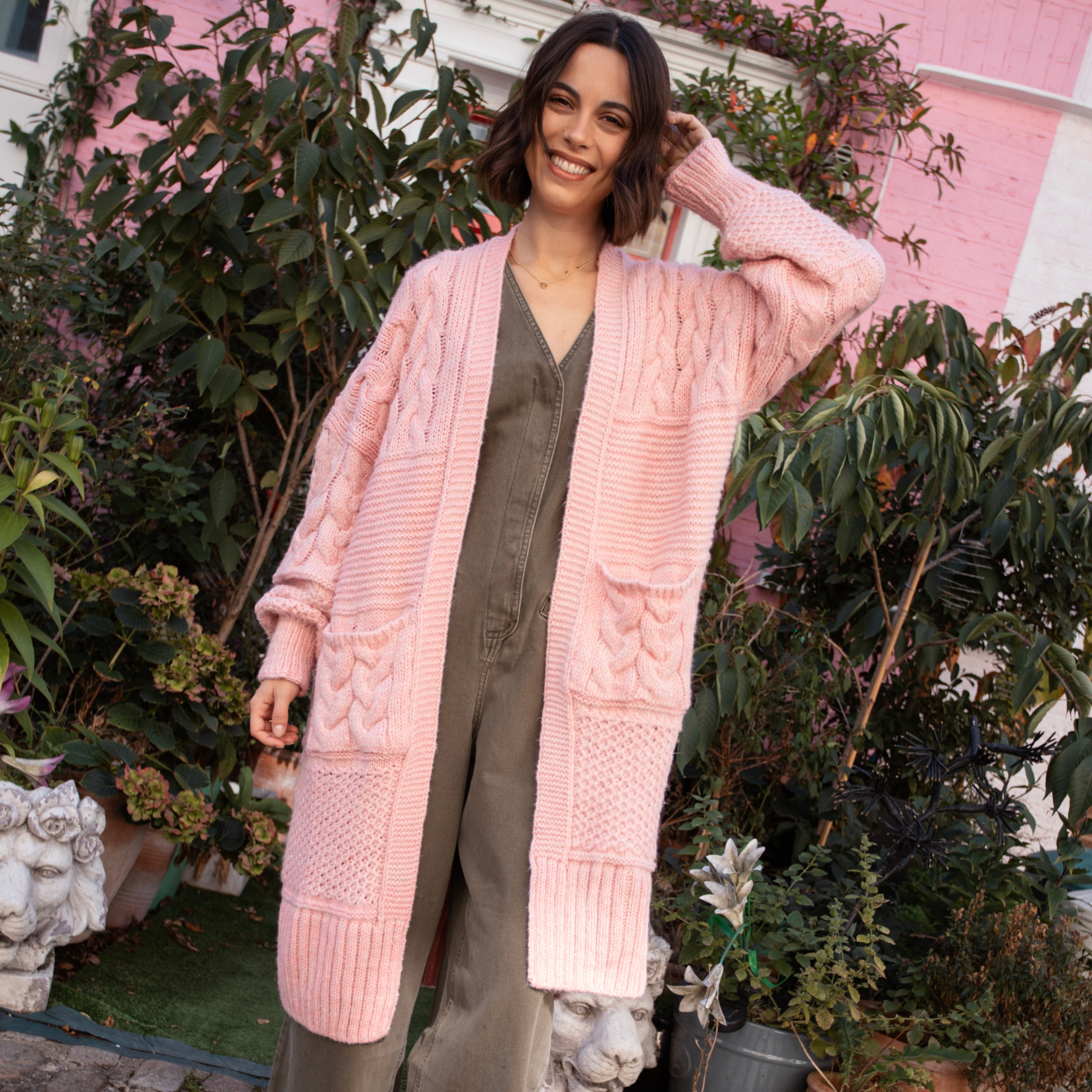 Alex Balloon Sleeve Cable Maxi Cardigan - Pink