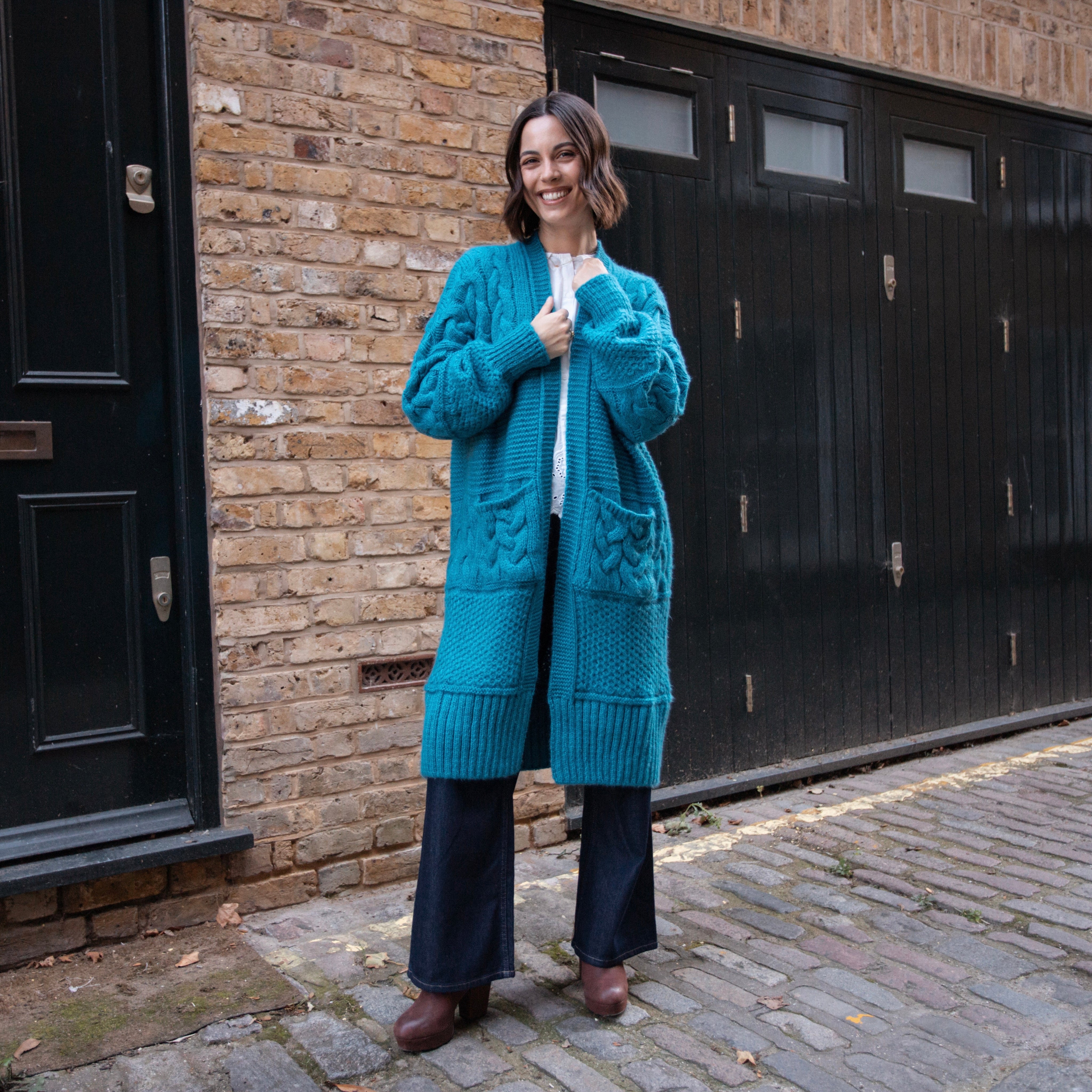 Alex Balloon Sleeve Cable Maxi Cardigan - Teal