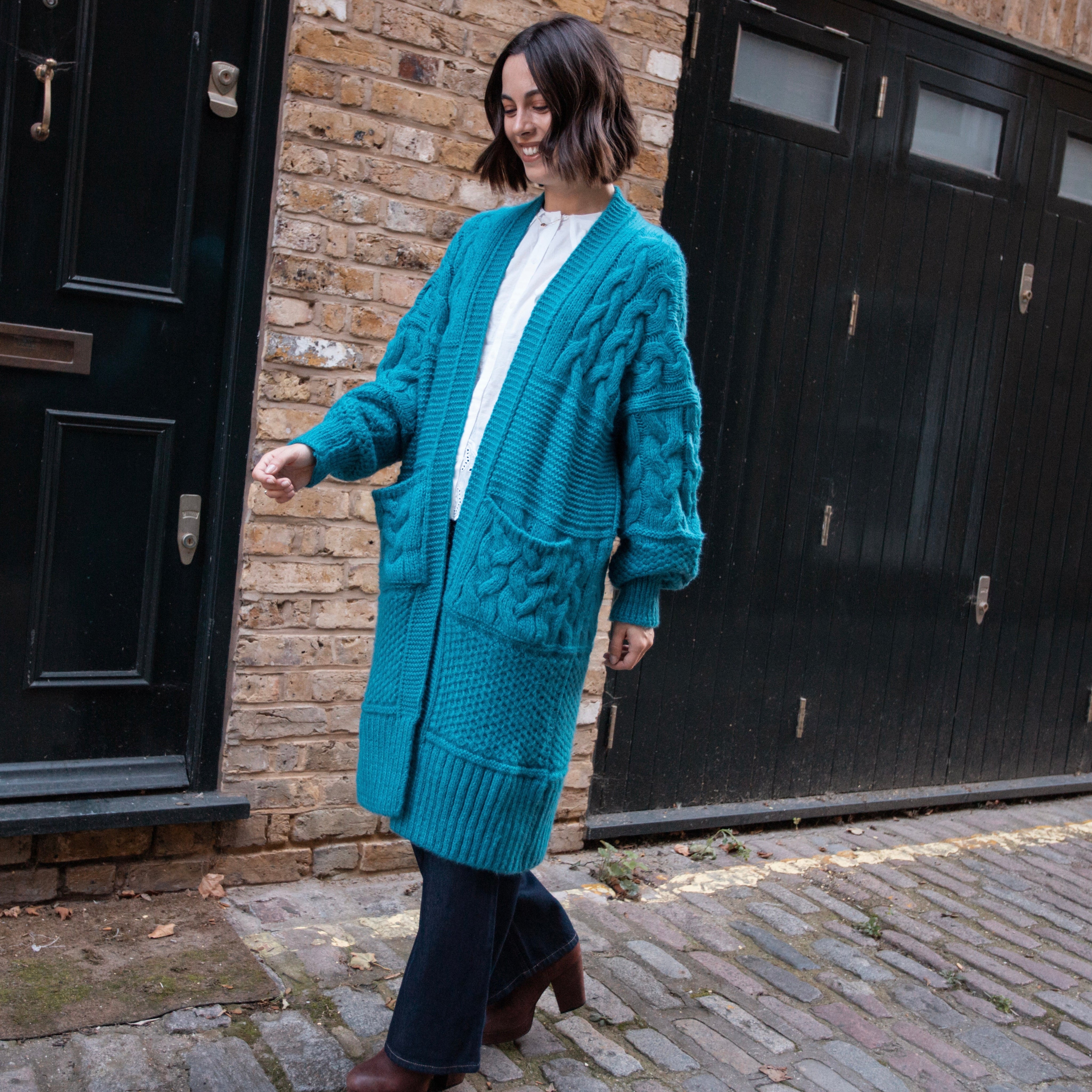Alex Balloon Sleeve Cable Maxi Cardigan - Teal