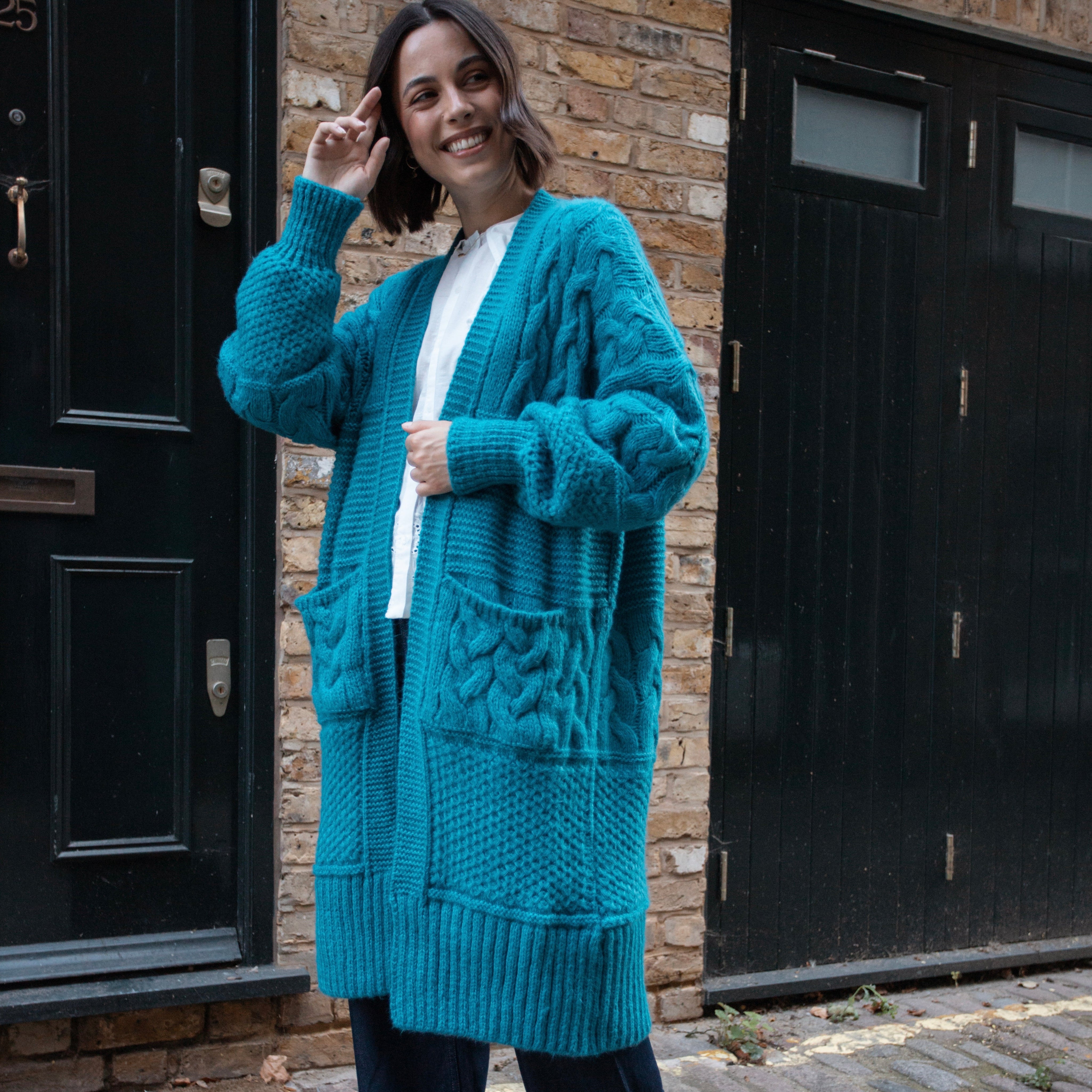 Alex Balloon Sleeve Cable Maxi Cardigan - Teal