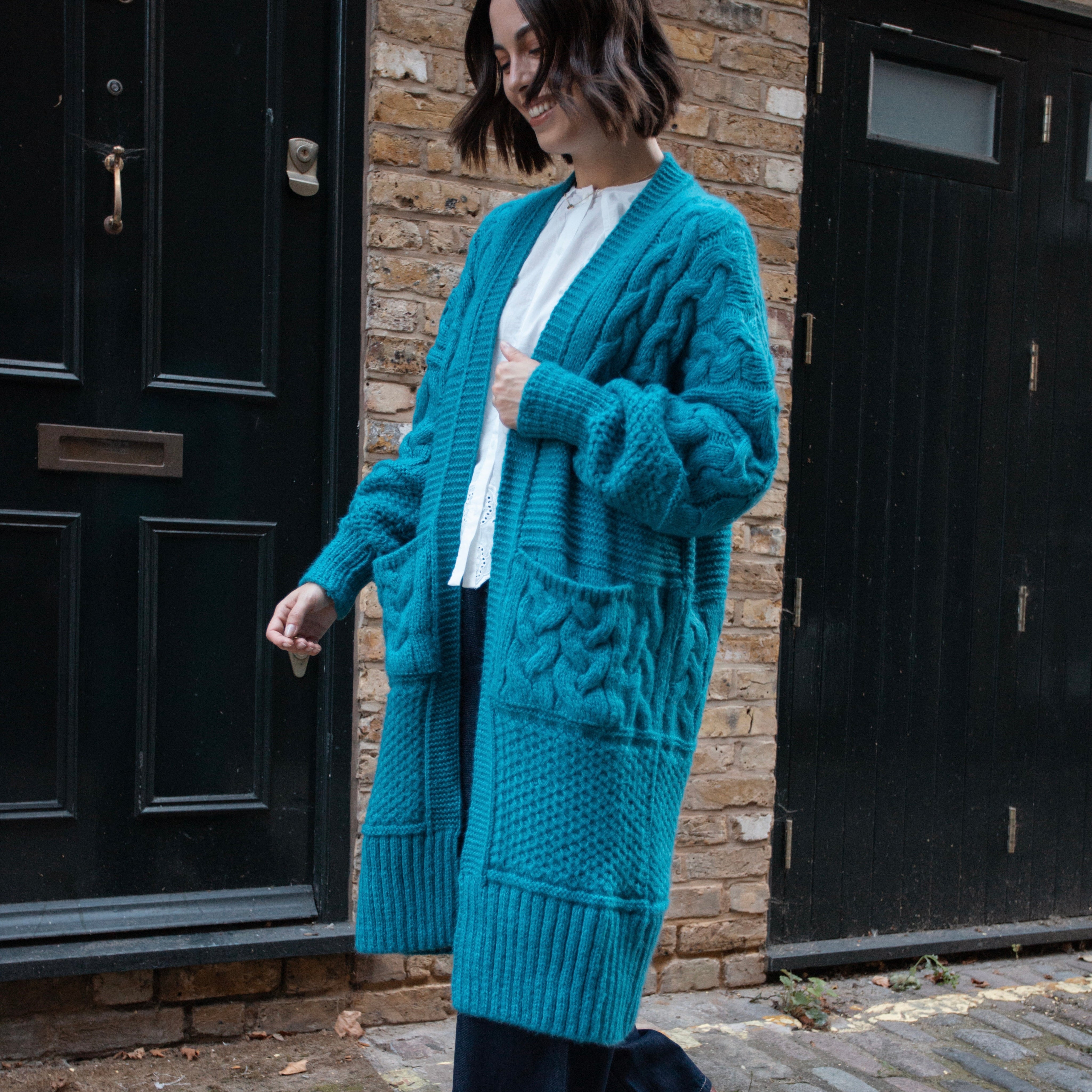 Alex Balloon Sleeve Cable Maxi Cardigan - Teal