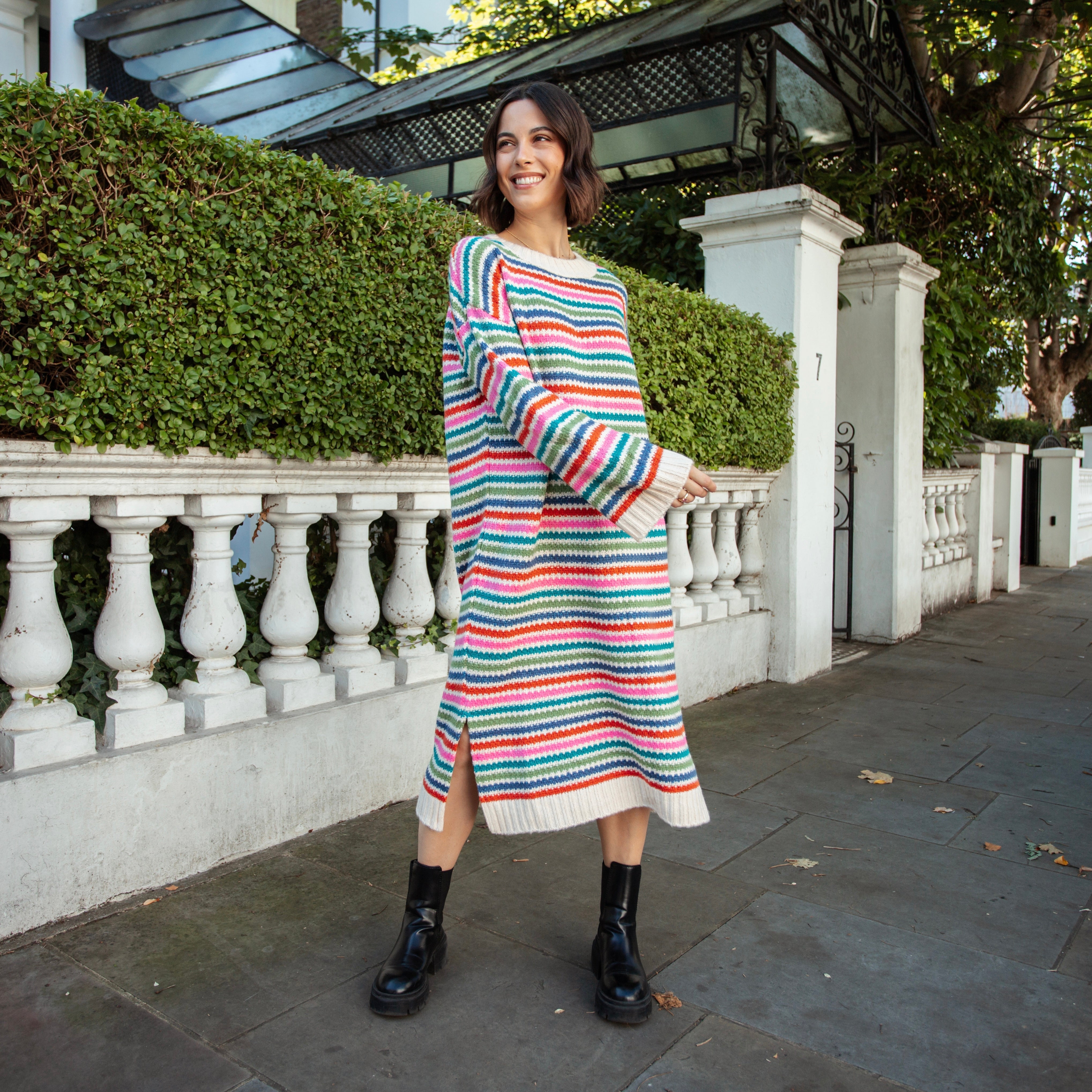 Becca Rainbow Stripe Knitted Midi Dress - Rainbow