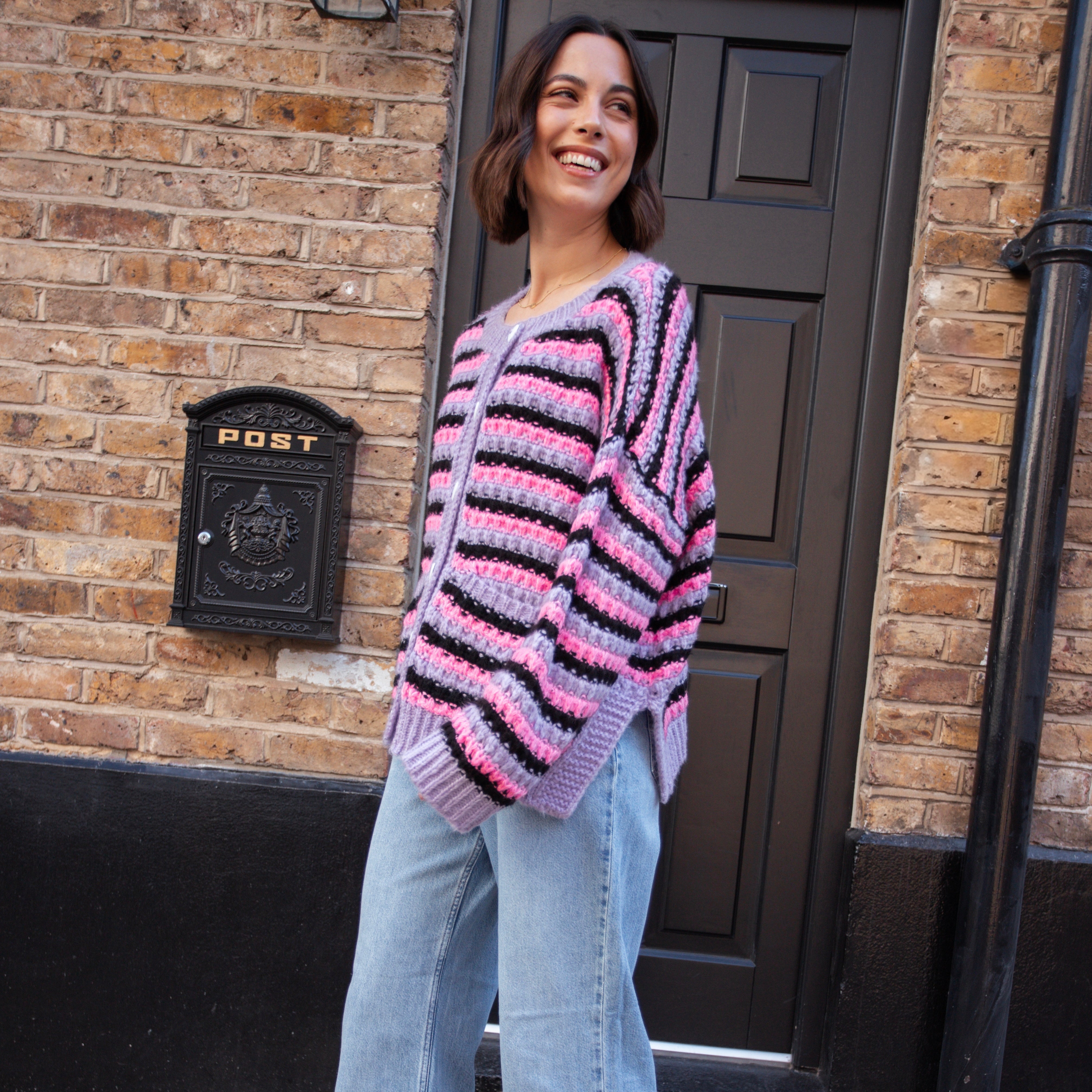 Bernice Stripe Cross Stitch Cardigan - Lilac